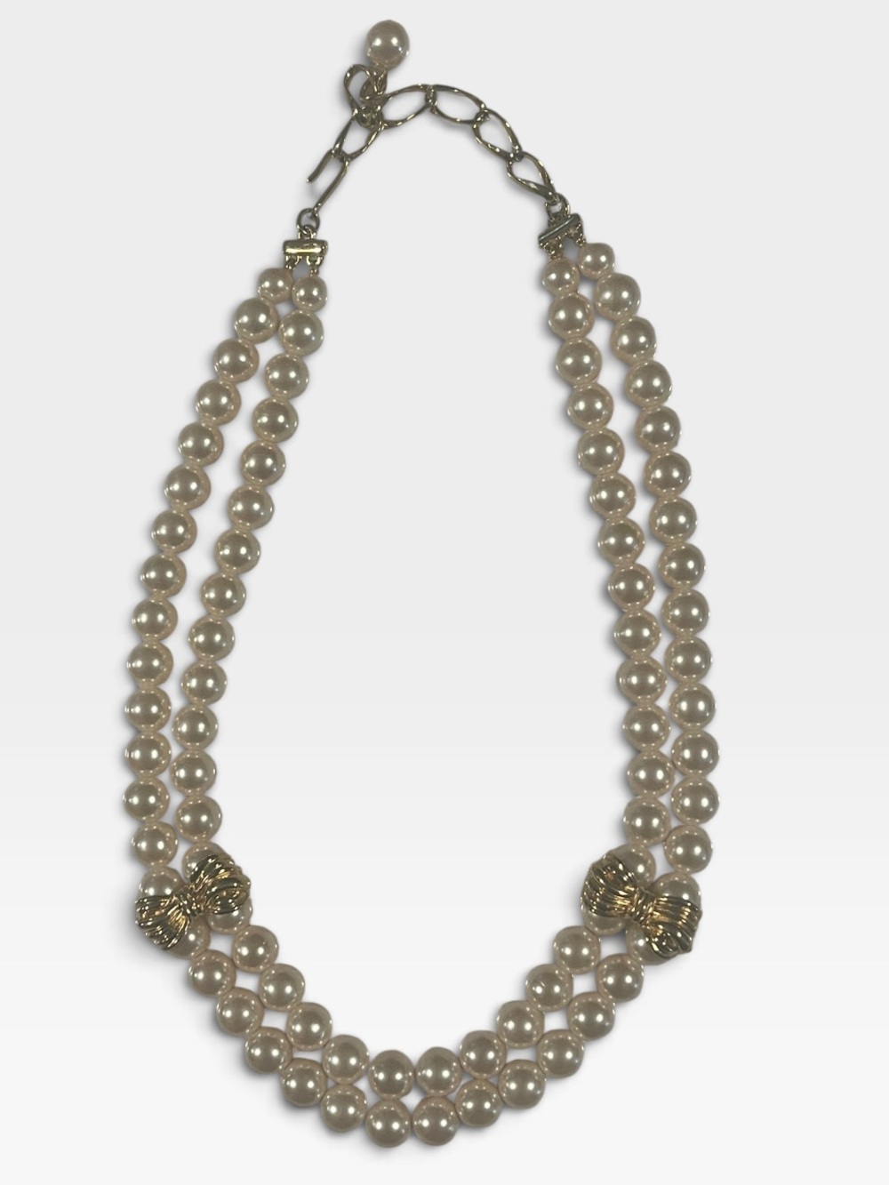 Vintage Style Double Strand Faux Pearl Necklace Gold Tone Bow Costume Jewelry